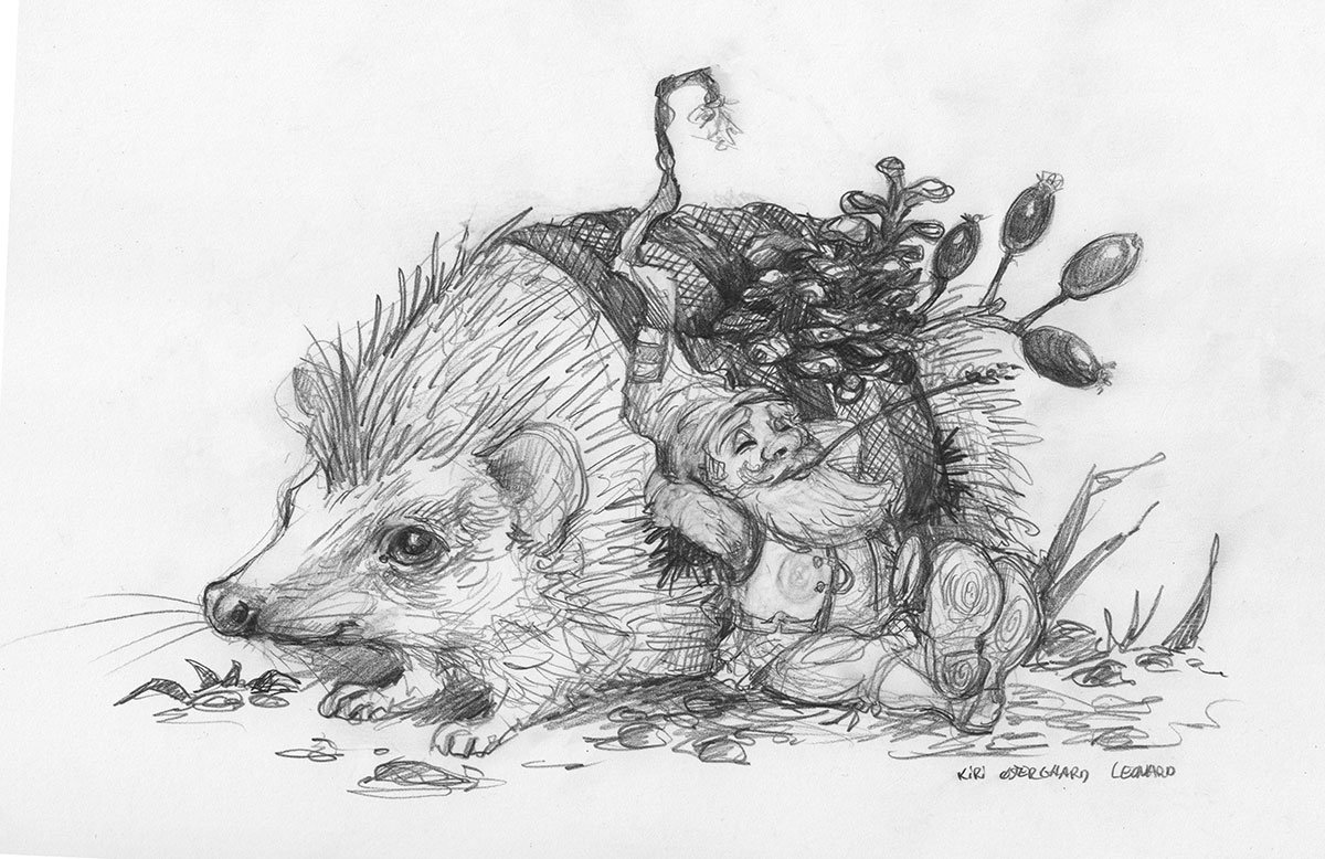 A detailed pencil sketch of a hedgehog lying on the ground, with a small sleeping girl nestled among its quills, surrounded by grass and plants.