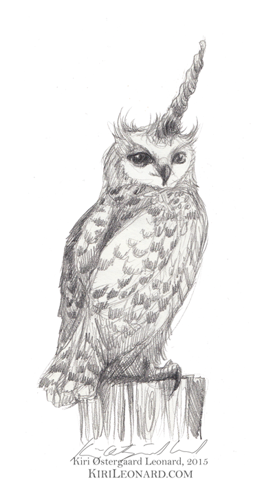 Sketch of a mythical creature with the body of an owl and the face of a bird of prey, featuring a twisted unicorn horn on its head, perched on a tree stump.
