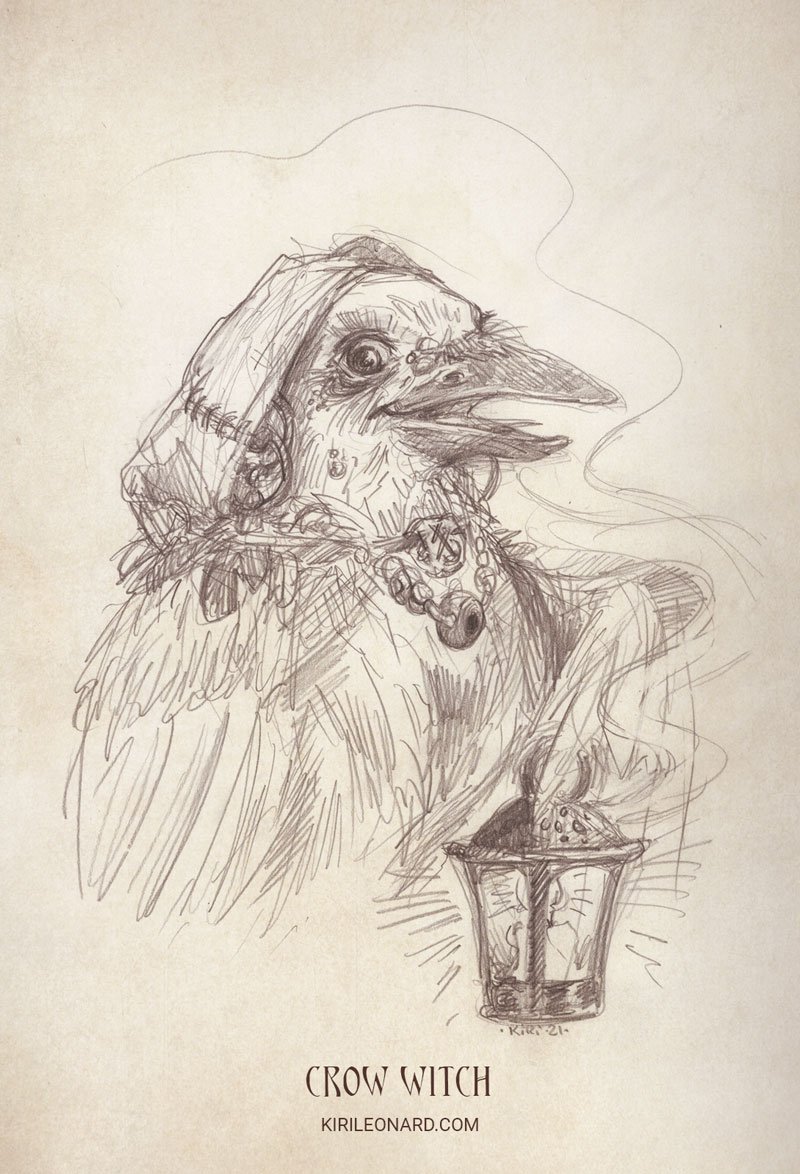 A detailed sketch of a crow with a witch hat and a necklace, holding a lantern with a lit candle. The text below reads "Crow Witch" and the website 'kirileonard.com'.