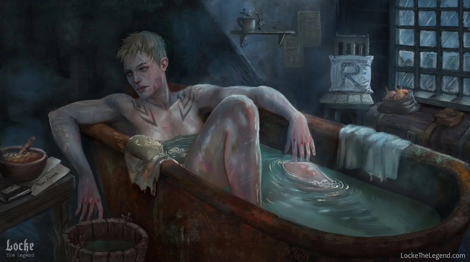 A young person with tattoos relaxing in a rustic bathtub filled with water in a dimly lit room with a large window. The room contains various items like a bowl of food, books, folded towels, and storage chests.