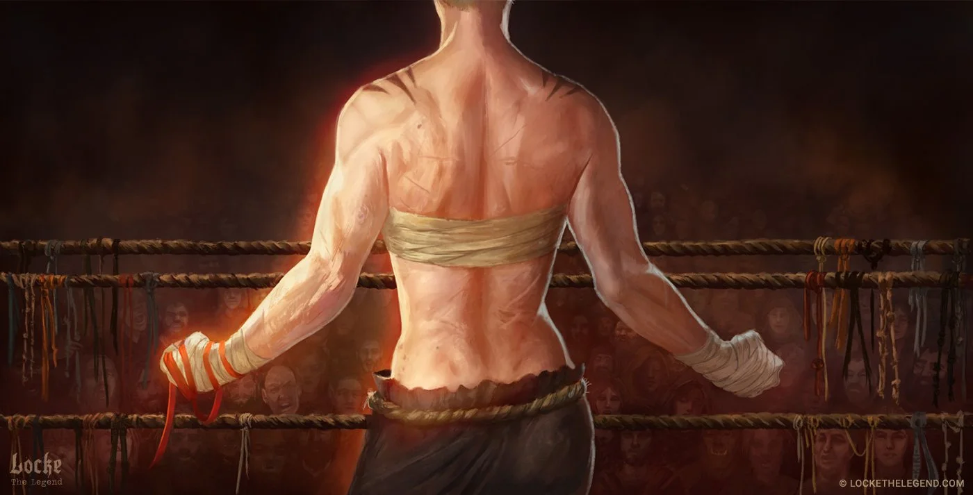 A boxer with their back to the viewer stands in a boxing ring, surrounded by an audience. The boxing rope is visible, and the boxer's back muscles are prominently displayed. The audience faces the boxer, with some showing emotional expressions.