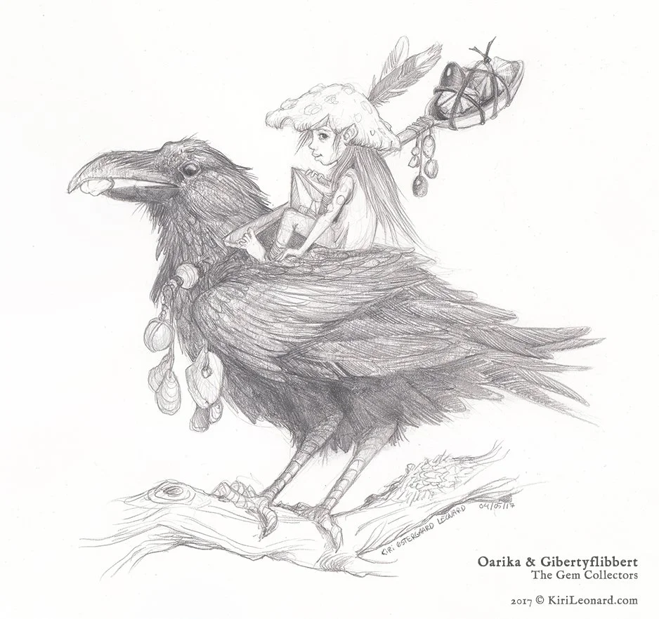 A pencil sketch of a girl with a feathered hat riding on the back of a large bird, carrying a bundle tied with string on its tail. The bird is sitting on a branch.