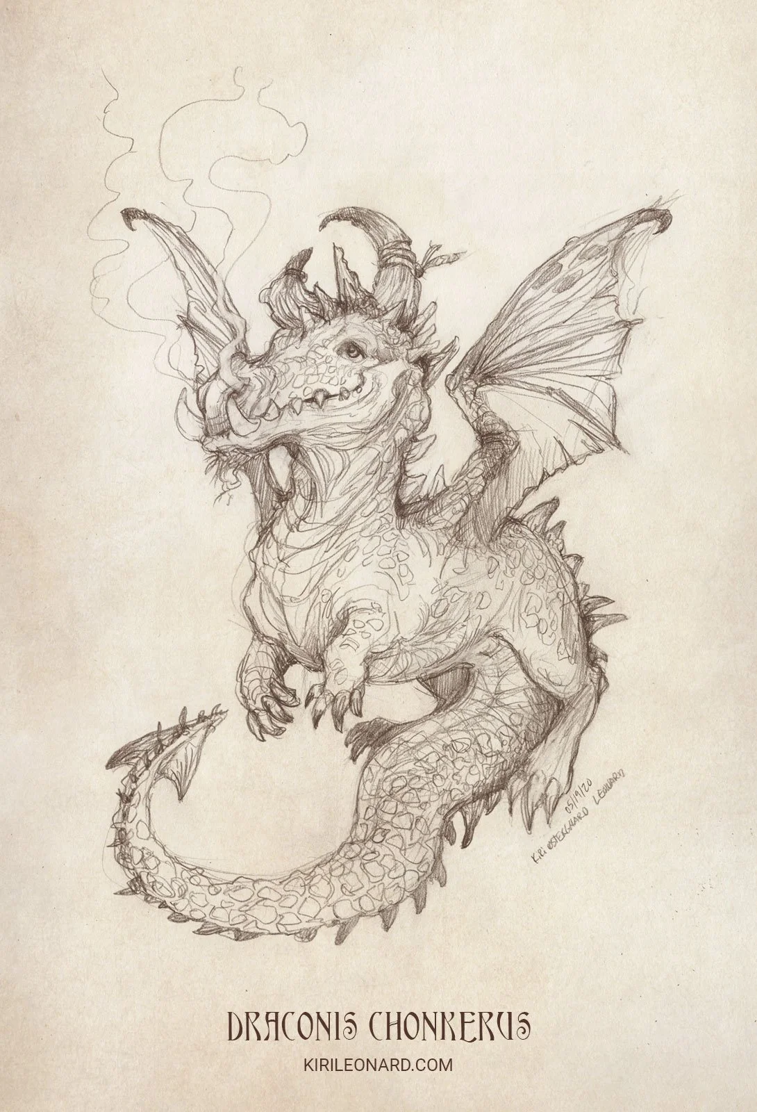 A detailed pencil sketch of a dragon with large wings, horns, and a long tail, breathing smoke. The dragon is labeled 'Draconis Chonkerus' and the artist's website 'kirileonard.com' is at the bottom.