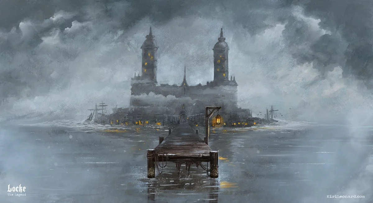 A dark, stormy scene featuring a large, ominous castle-like building on an island, connected by a wooden dock. The building has two tall towers with yellow-lit windows, and there are ships nearby. The sky is filled with thick, foreboding clouds.