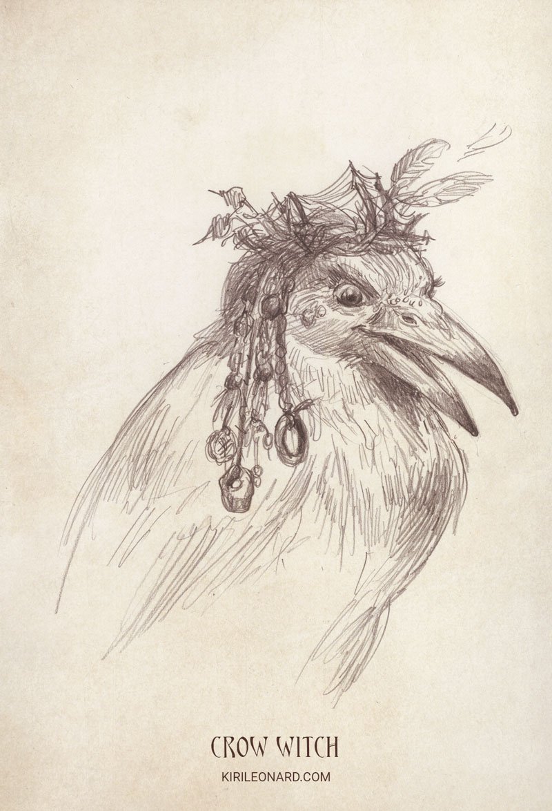 Sketch of a creature with the body of a bird and the face of a witch, wearing a crown made of leaves and feathers, with jewelry hanging from its hair. The drawing is labeled "Crow Witch" and shows a detailed, fantasy-inspired illustration.