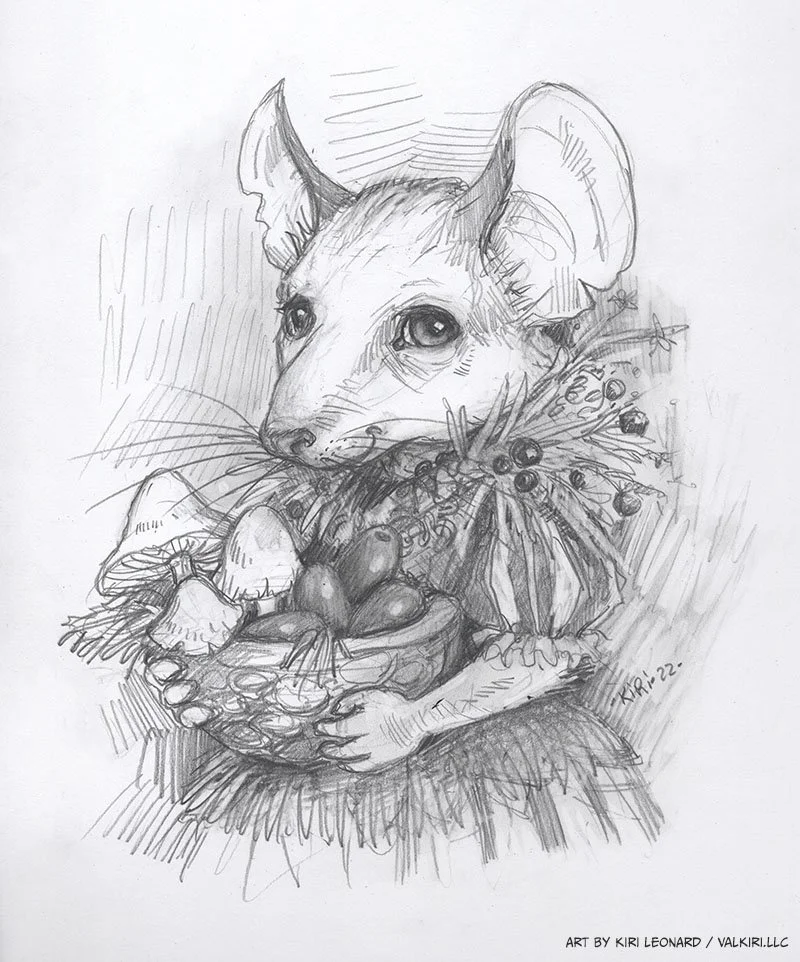 A detailed pencil sketch of a mouse holding a bowl of berries and mushrooms.