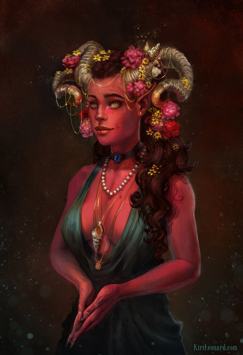 A fantasy illustration of a woman with horns, elf-like ears, and dark wavy hair adorned with pink and yellow flowers. She wears a dark green dress, pearl necklaces, and gold jewelry, with a confident expression against a starry dark background.