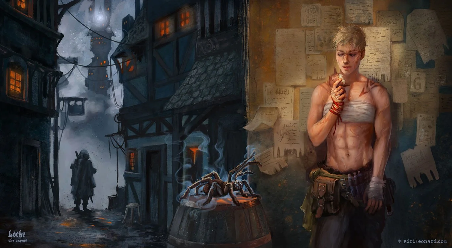 A fantasy scene showing a muscular woman with short blonde hair, bandages on her chest, and wearing utility pants with pouches; she stands against a wall covered with papers. She holds a small object in her hand. To her left, a mechanical spider with