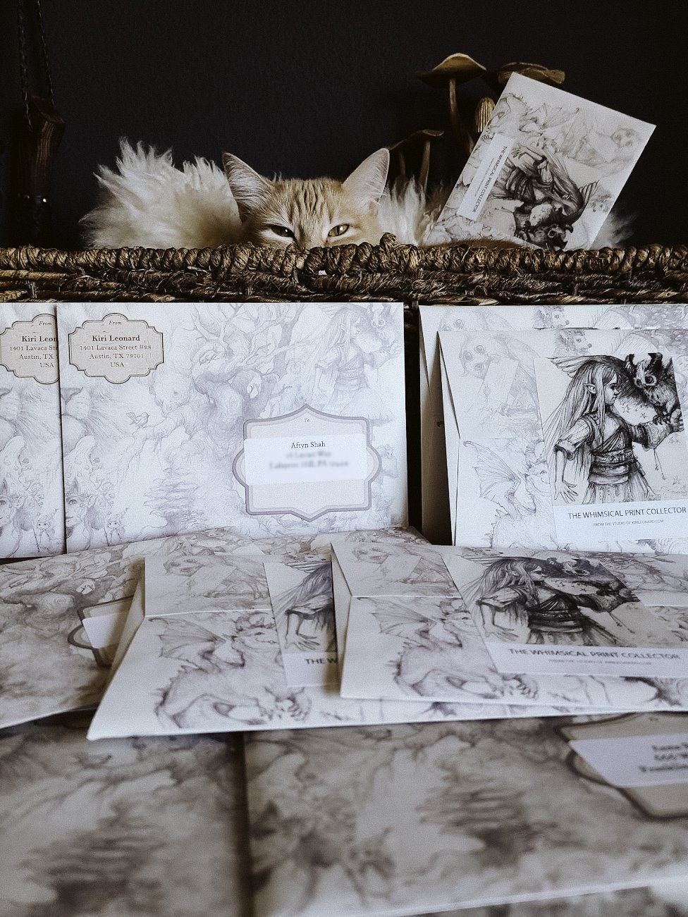 A ginger cat with half-closed eyes peeks out from behind a pile of black and white art prints and boxes, with some posters and illustrations of fantasy characters and creatures visible in the background.