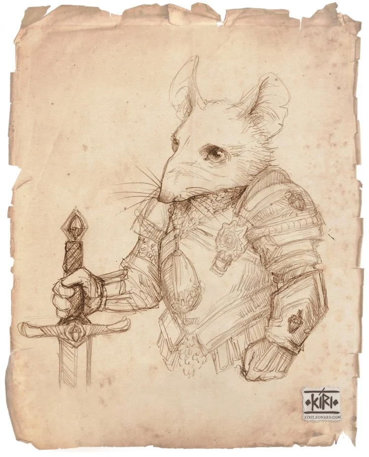 A detailed pencil sketch of a mouse dressed as a knight, holding a sword with both hands, wearing armor, and standing on a torn parchment background.