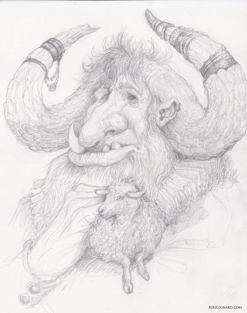 A detailed pencil sketch of a mythical creature with human and animal features, including large horns, a beard, and a nose, holding a small sheep in its hand.