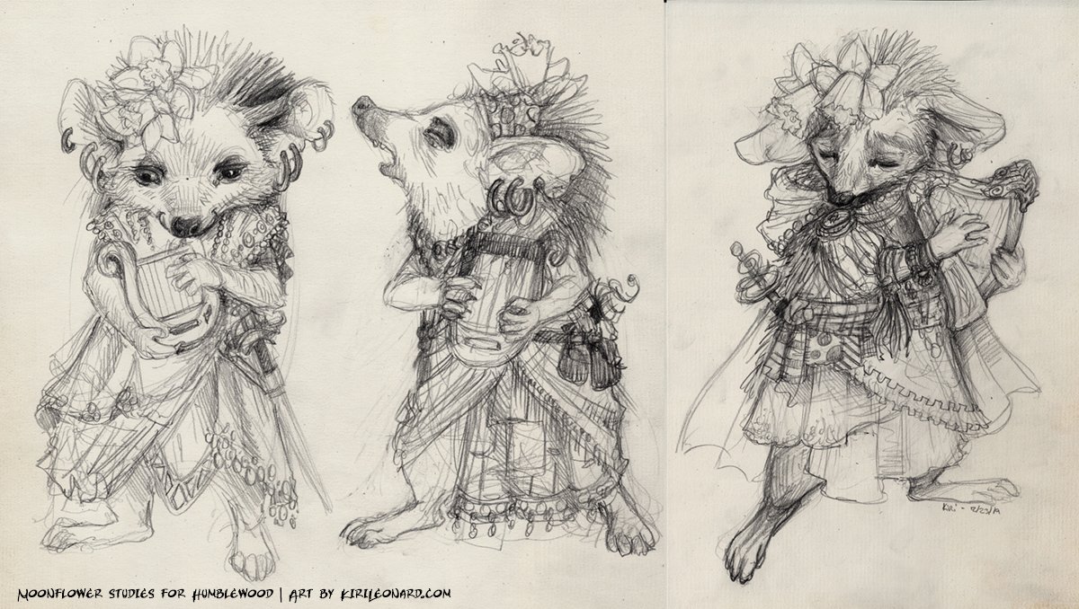 Sketch of three anthropomorphic animals dressed in whimsical clothing, each holding a musical instrument.