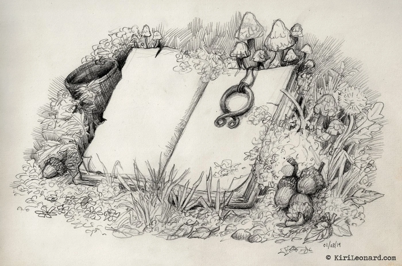 A sketch of a headstone surrounded by mushrooms, fallen leaves, and plants, with a rusted chain link at the top.