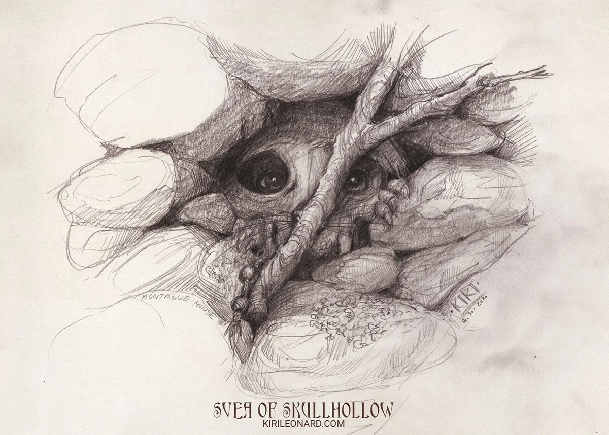 An intricate pencil sketch of a skull with a branch crossing over the eye sockets, surrounded by compressed leaves and berries, signed by the artist and titled "Swan of Skullhollow."