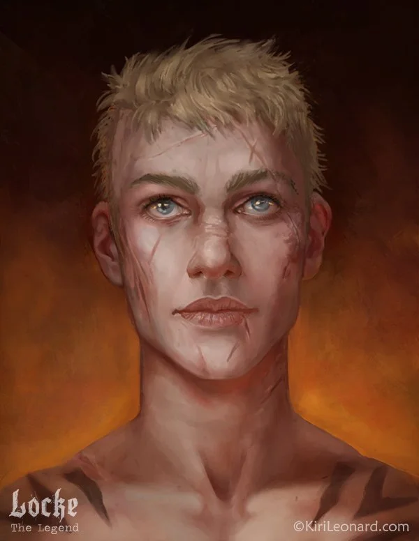 Digital painting of a woman with short blonde hair and piercing blue eyes, with visible scars and scratches on her face and neck, set against a fiery background.
