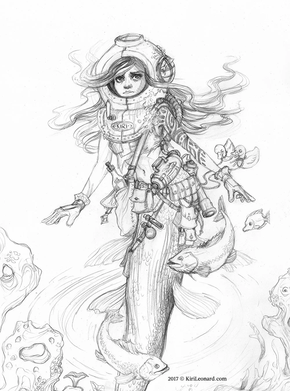 Sketch of a young girl in a diver suit with reception gear, holding a large fish, surrounded by smaller fish and coral.