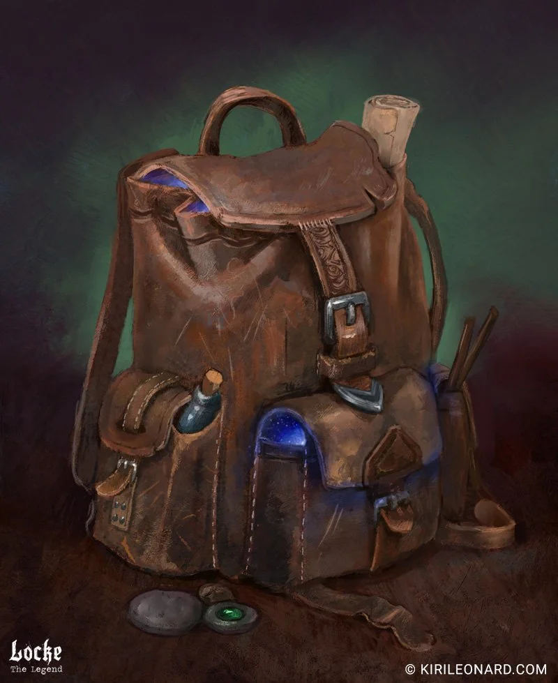 A realistically painted brown leather backpack with various compartments, a small water bottle in a side pocket, a green gem on a chain, a gray stone, and a locket. The background is dark with green and purple hues.