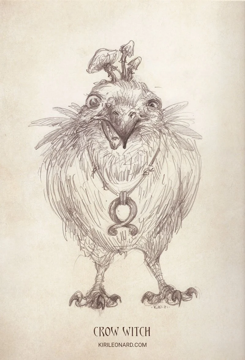 Sketch of a bird with a human-like face, wearing a pendant necklace, labeled 'Crow Witch' with website kirileonard.com.