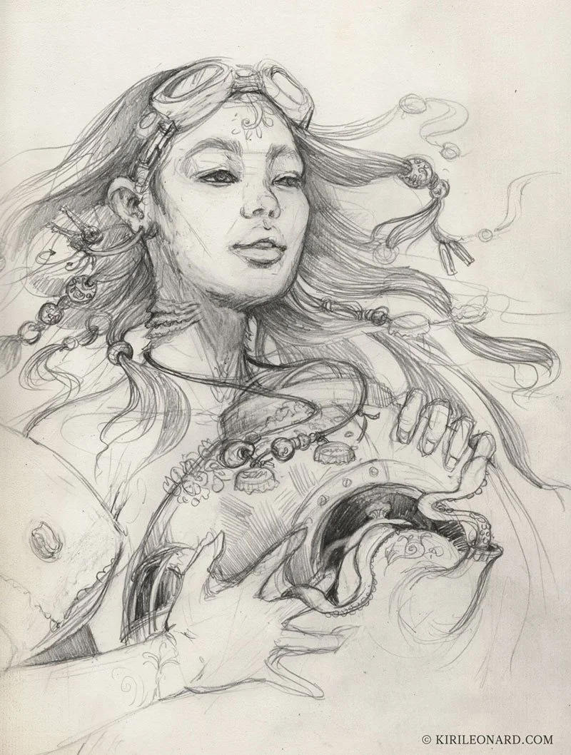 A detailed pencil sketch of a woman with long flowing hair wearing goggles on her head and jewelry, holding an octopus.