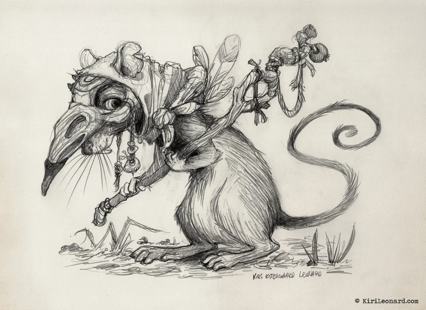 Sketch of a mouse with wings, holding a staff topped with a small creature, wearing a cloak with jewelry, and a curled tail, standing on ground with grass and small plants.