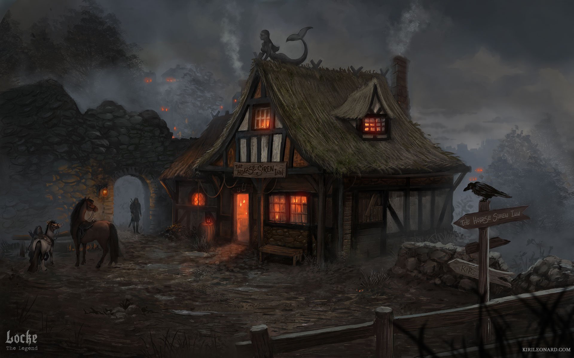Dark, misty night scene of a medieval-style inn called 'The Horse Siren Inn' with a thatched roof and lit windows, a signpost with a raven, horses and a figure on horseback near an arched stone ruin, and a dragon sculpture on top of the inn.