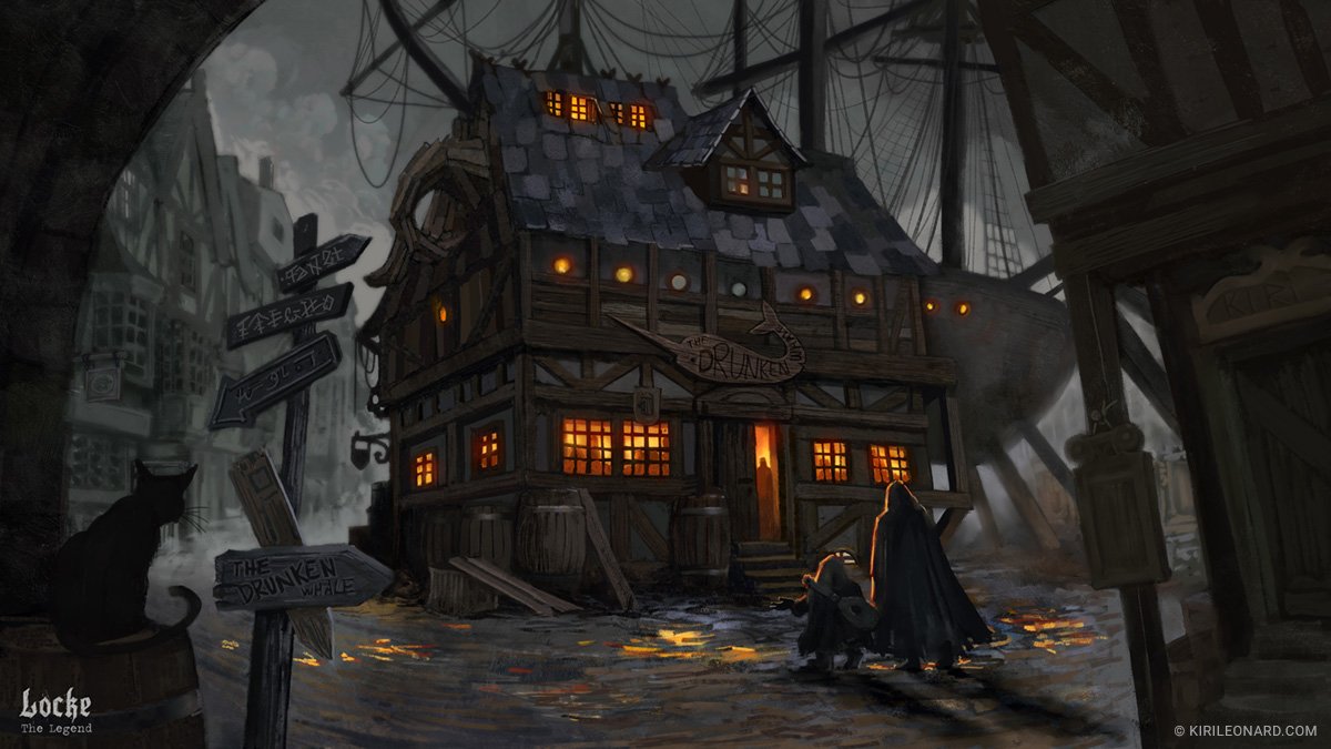 Dark, abandoned tavern with a crooked roof and glowing windows, styled as a pirate ship house, with a sign reading 'The Drunken Whale'. A black cat sits on a barrel near a signpost. Two figures, one tall and cloaked and the other small, walk toward t