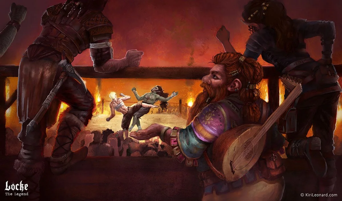 Illustration of dwarves watching a battle with flames in the background. One dwarf with a guitar engaging with others, two other dwarves leaning on a railing, and a crowd below. Fantasy scene with warm colors.