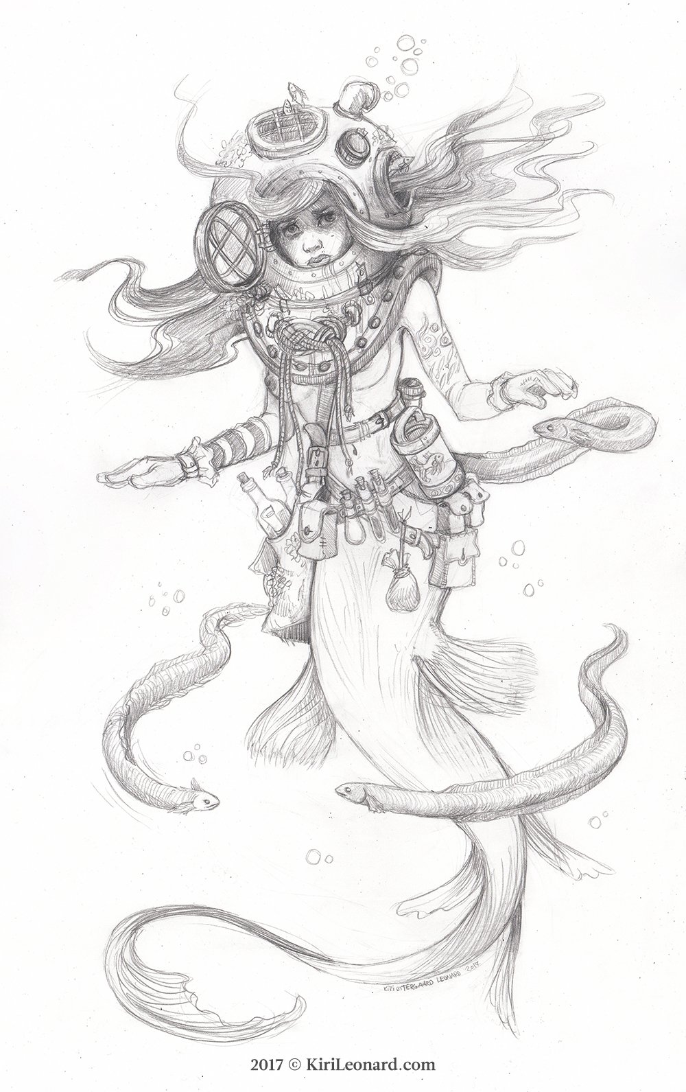 A detailed pencil sketch of a girl with long flowing hair in a deep-sea diving suit, surrounded by fish and sea creatures.