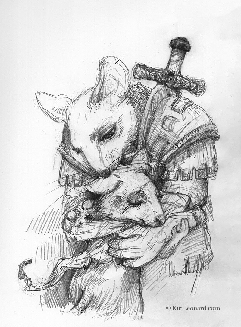 Sketch of a person in medieval armor holding a dog, with both animals resting their heads on each other.