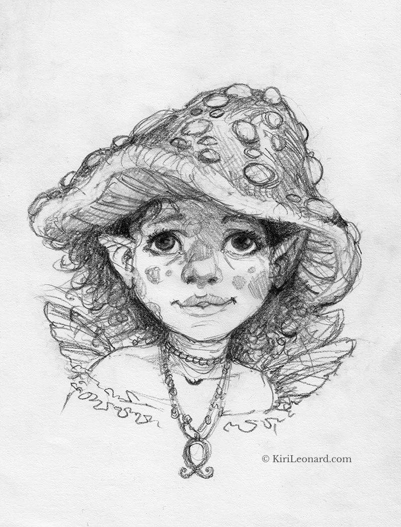 Sketch of a young girl wearing a large, floppy hat with circular decorations, with earrings and necklaces, and a confident expression.