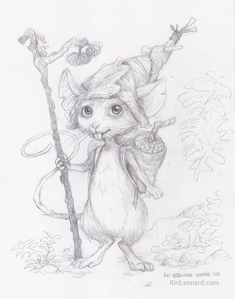 Sketch of a fantasy creature with a mouse body and a cat face, holding a staff and a bowl, wearing a hat and a cape, surrounded by plants.