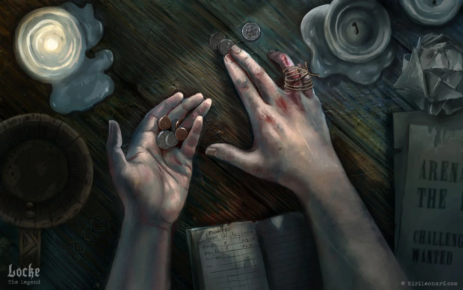 A top-down view of a person at a wooden table counting coins with one hand holding coins and the other finger pointing, with a ring on the finger. The table has a lit candle, a paper with handwritten notes, a cup, some crumpled paper, and a partially