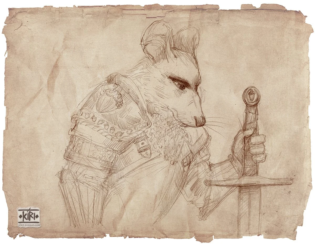 A detailed sketch of a mouse dressed as a knight, holding a sword upright with both hands, on a worn piece of parchment paper.
