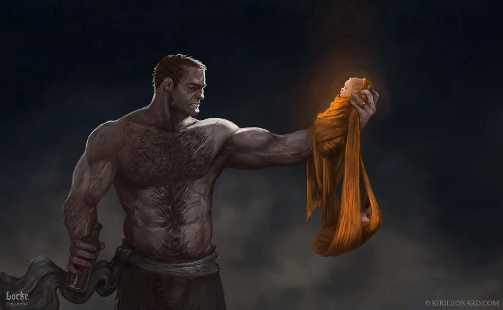 A muscular man with a prosthetic arm holding a tiny baby wrapped in orange cloth