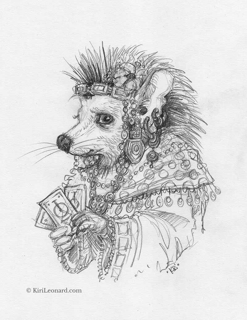 Sketch of a ferret dressed as a pirate, wearing jewelry and holding playing cards.