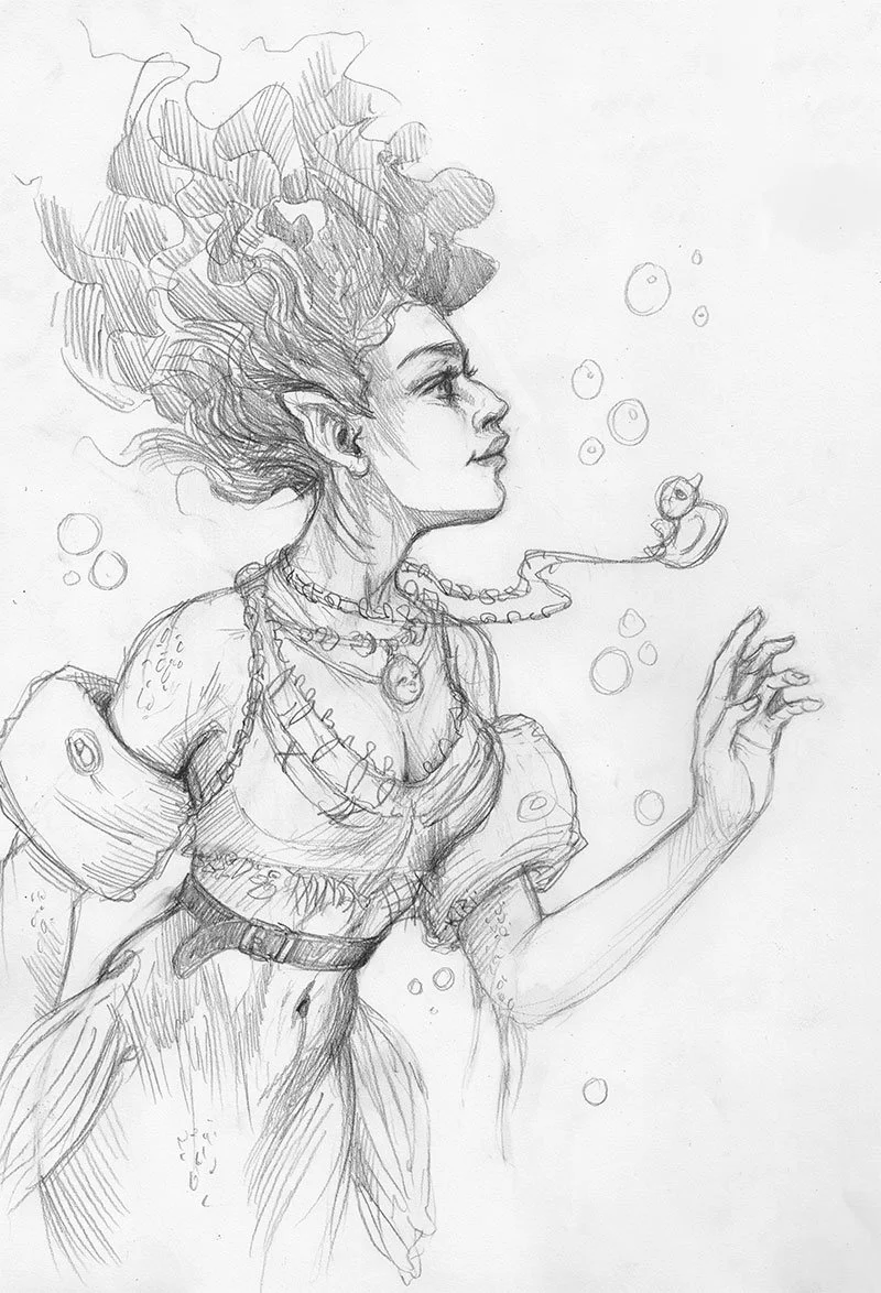 A detailed pencil sketch of a woman with flowing hair, wearing a dress with puffed sleeves, adorned with necklaces, and surrounded by bubbles. A tiny fish is near her face, blowing bubbles.