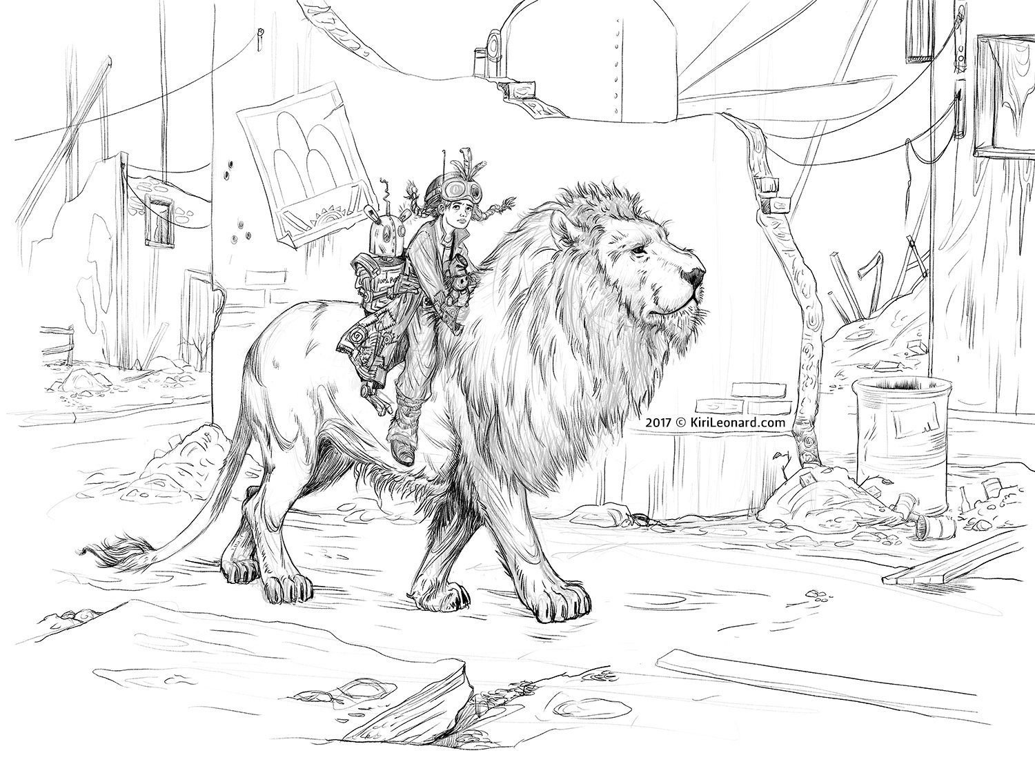 A pencil sketch of a young girl with goggles and a backpack riding a large lion through a cluttered, dilapidated urban area with broken walls, a barrel, and scattered debris.