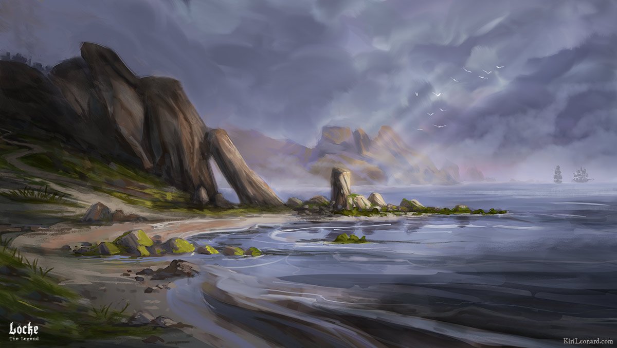 A digital painting of a rugged coastline featuring towering rocks and cliffs on the left, a sandy beach with rocks leading to the ocean, with distant ships on the horizon and a cloudy, stormy sky overhead.