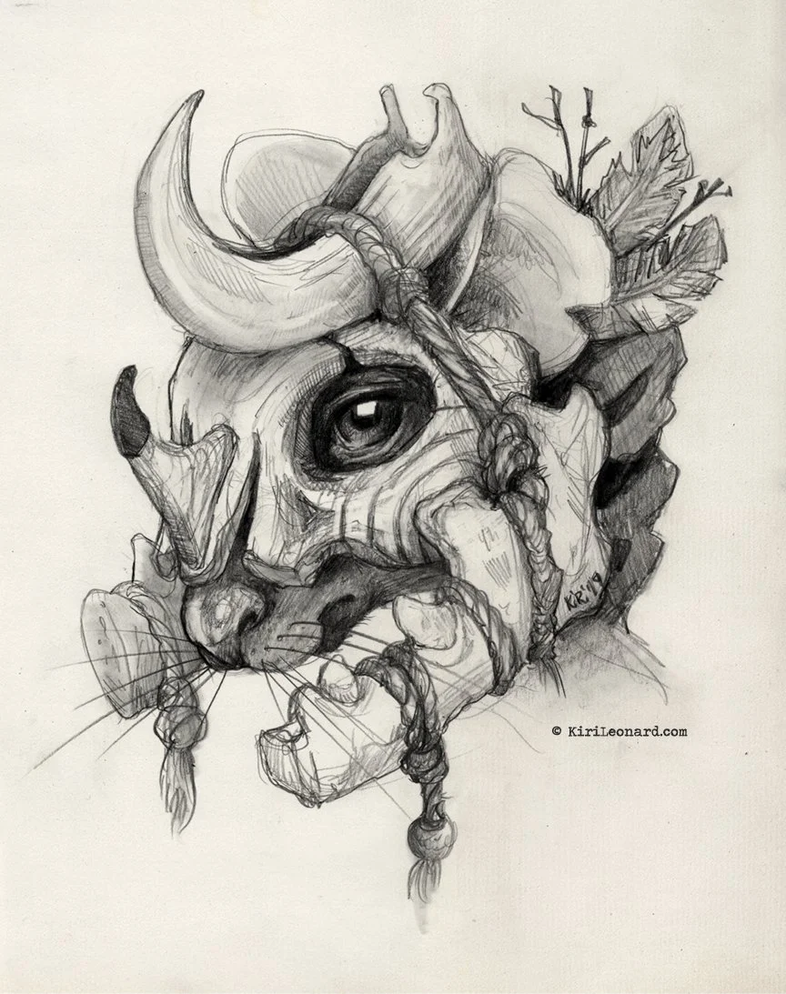 A detailed pencil sketch of a cat's face combined with various objects, including a large eye, horns, bones, leaves, and small decorative elements, creating a surreal, artistic composition.