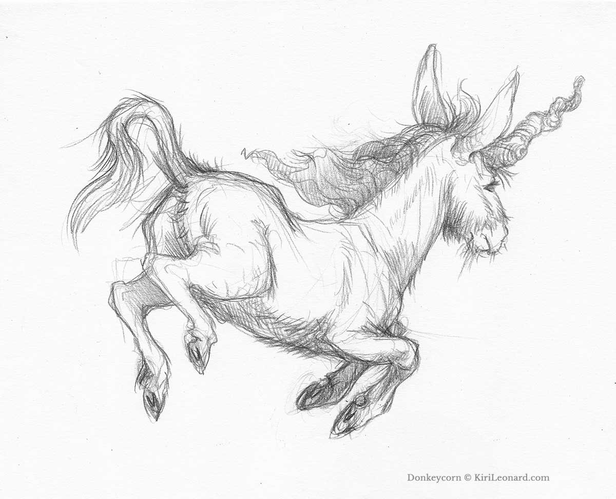 Sketch of a unicorn in mid-air with detailed mane, horn, and tail.
