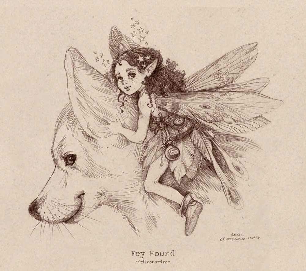 A pencil sketch of a fairy with butterfly wings riding on the back of a Labrador retriever dog.