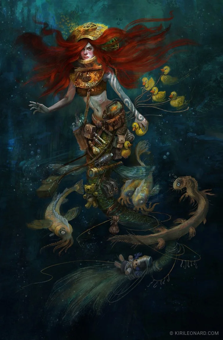 A fantasy underwater scene featuring a girl with long red hair, wearing armor and gear, surrounded by rubber ducks, fish, and a robotic fish. The background is dark and aquatic with hints of green and blue hues.