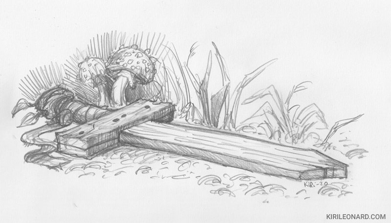 Sketch of a mushroom growing near rocks and plants with a piece of wood in the foreground.
