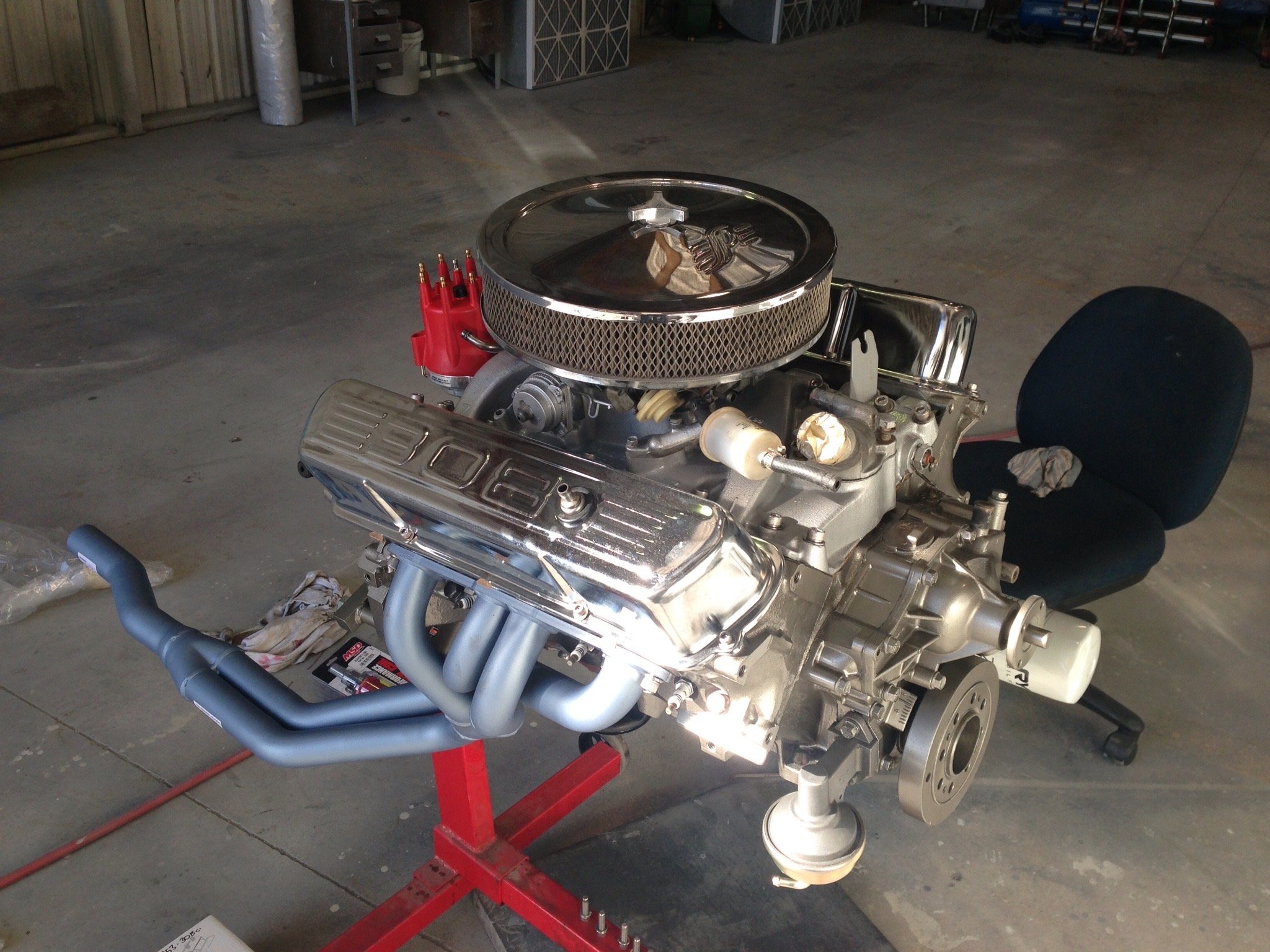 Engine rebuilt on stand waiting to go back in