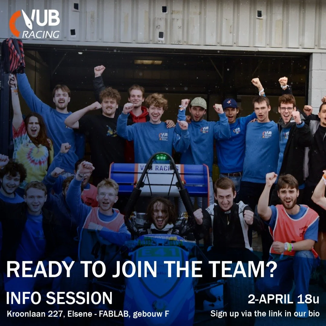 Ready to join the team?

Altijd al willen meewerken aan een echte elektrische racewagen? Bij VUB Racing bouwen we samen een Formula Student wagen van ontwerp tot race track.

Kom naar onze infosessie en ontdek hoe jij kan meewerken aan onze engineeri