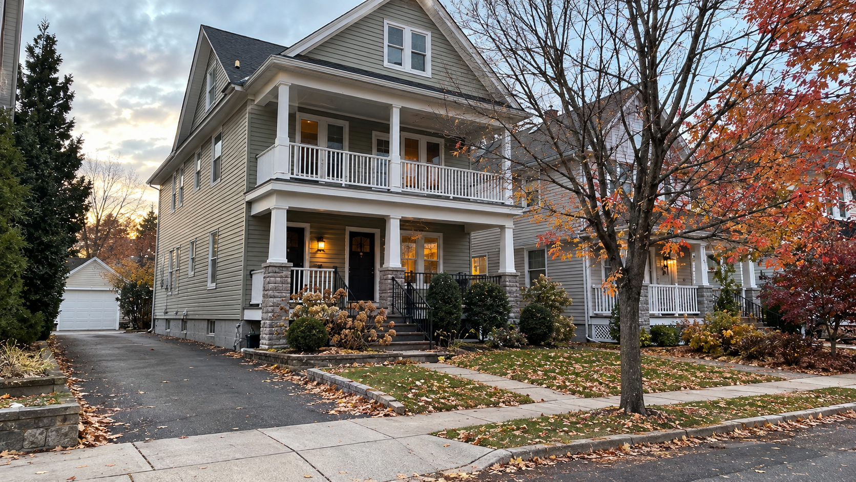 Two-family residential property in North Jersey during late fall, representing real estate investment opportunities in November and December.