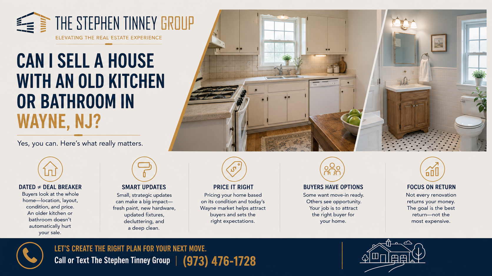 Infographic explaining how to sell a Wayne, NJ home with an older kitchen or bathroom, including tips on updates, pricing, buyer expectations, and return on investment.