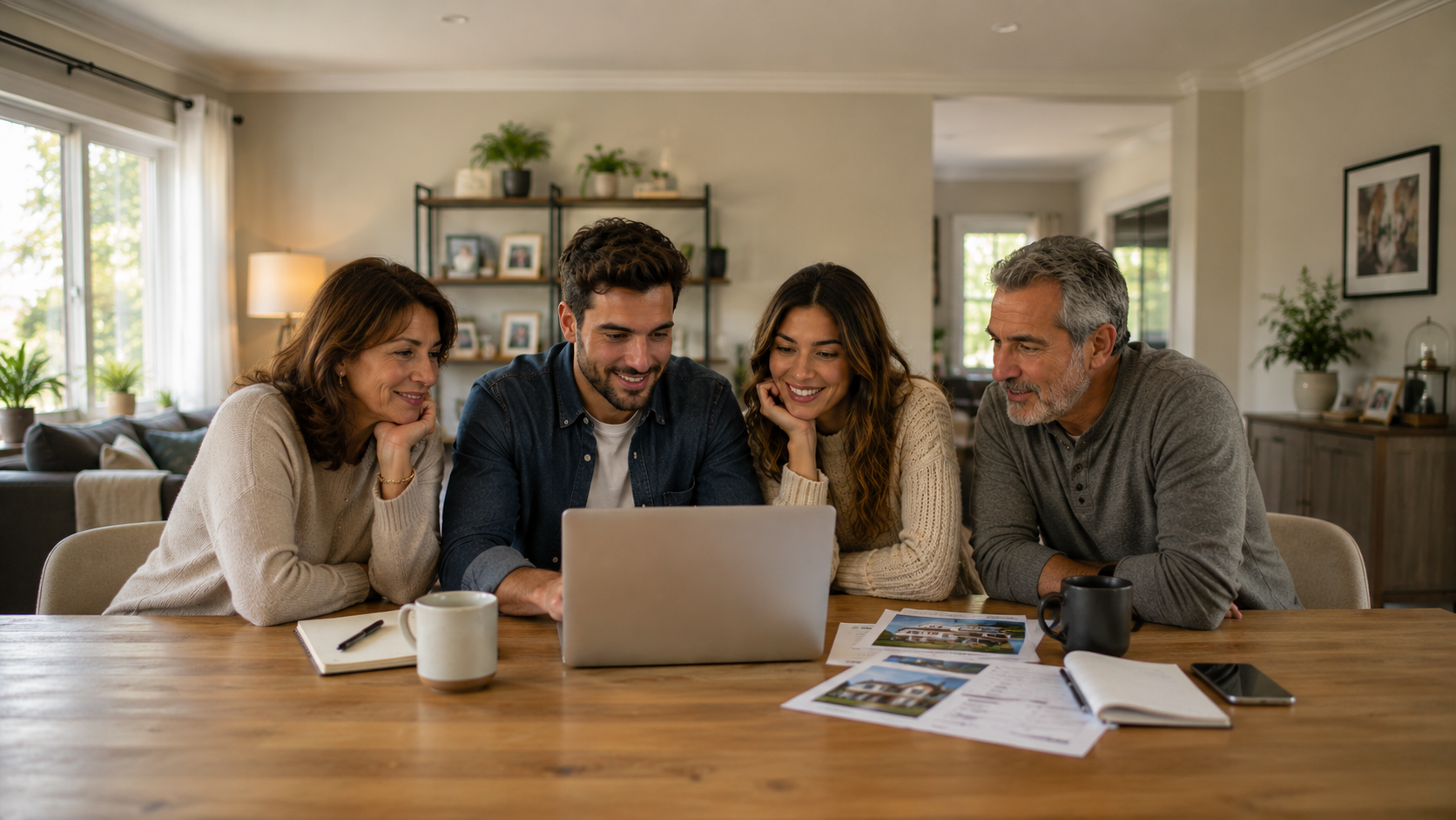 Young couple and their parents reviewing homes online together while discussing what they can comfortably afford before buying a home.