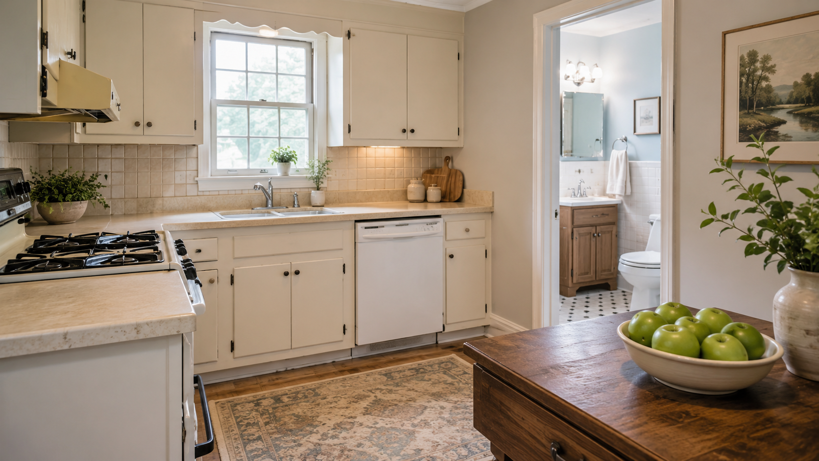 Dated but well-maintained kitchen and bathroom in a Wayne, NJ home prepared for sale.