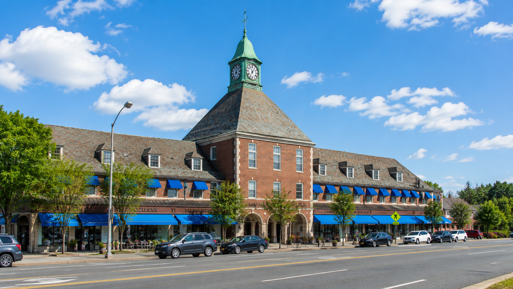 Downtown Fair Lawn shopping district with the iconic clock tower in Fair Lawn, New Jersey